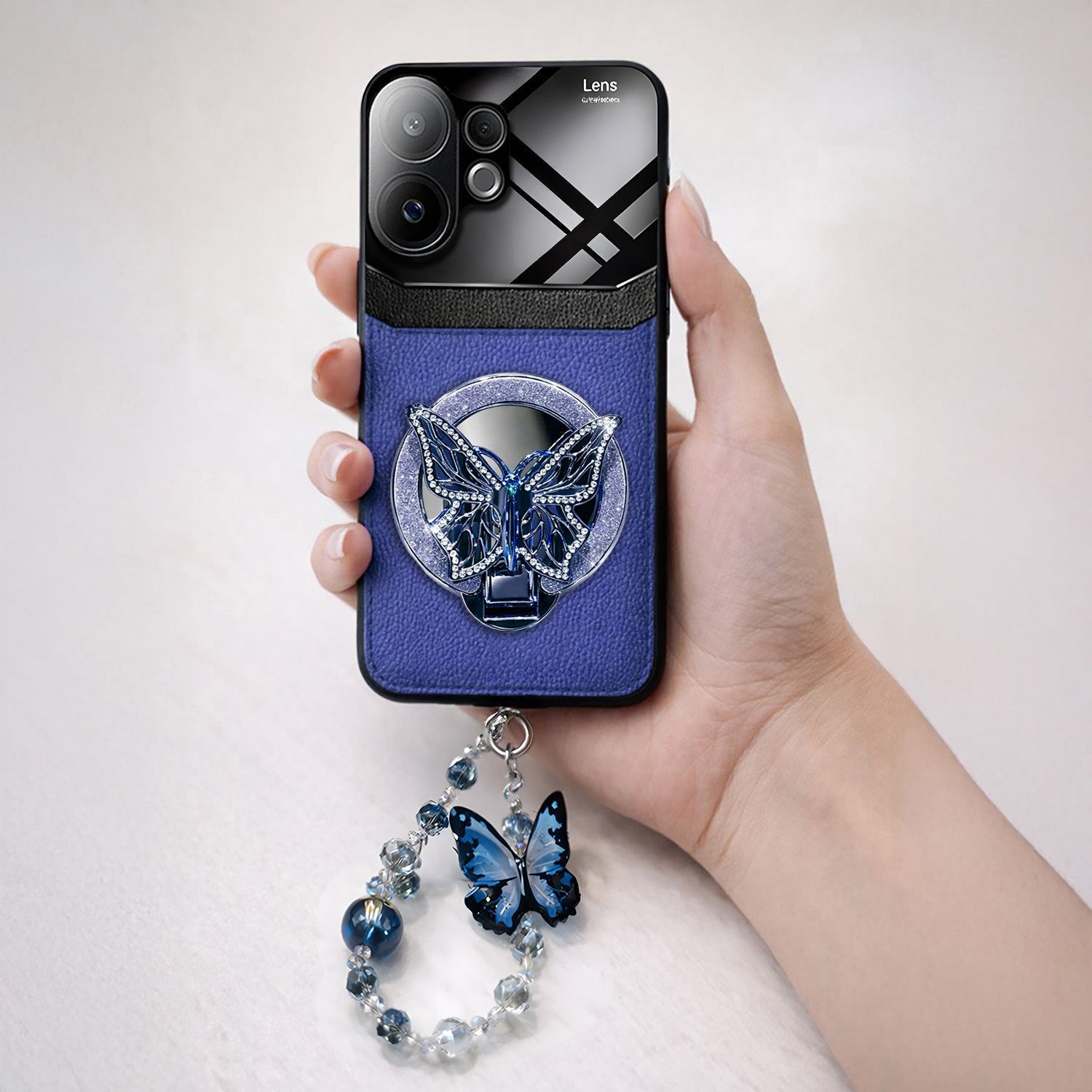 Vivo V60 5G Premium Leather Lens Butterfly Stand Case with Charm Strap