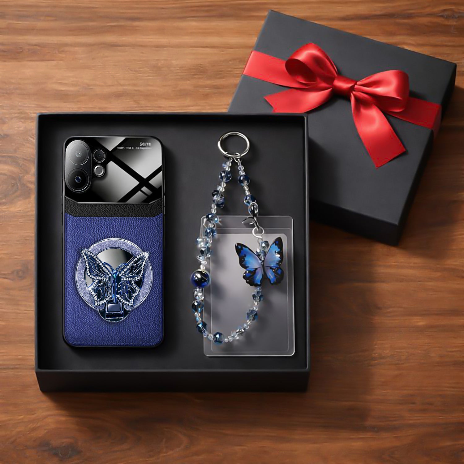 Vivo V60 5G Premium Leather Lens Butterfly Stand Case with Charm Strap